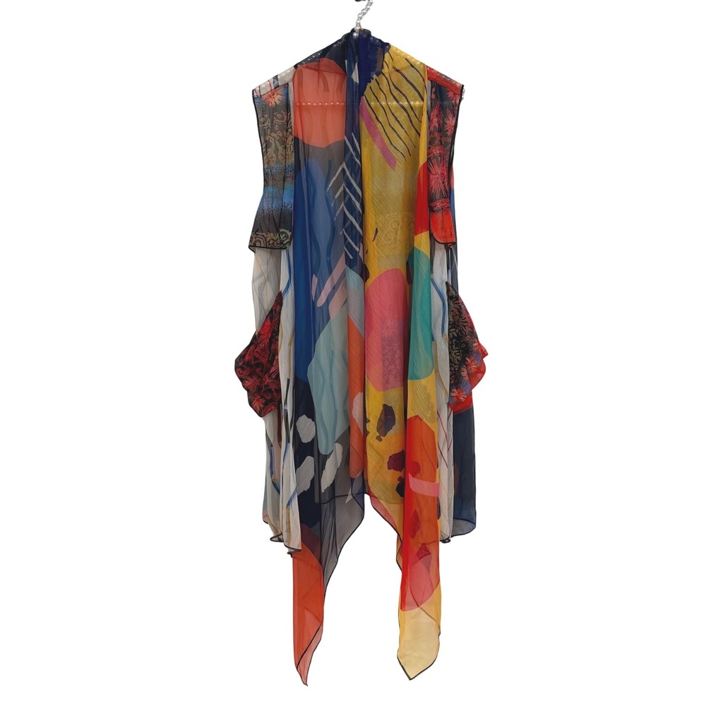 Feratelli Women L Vibrant Abstract Boho Patchwork Sheer Chiffon Duster Vest Long